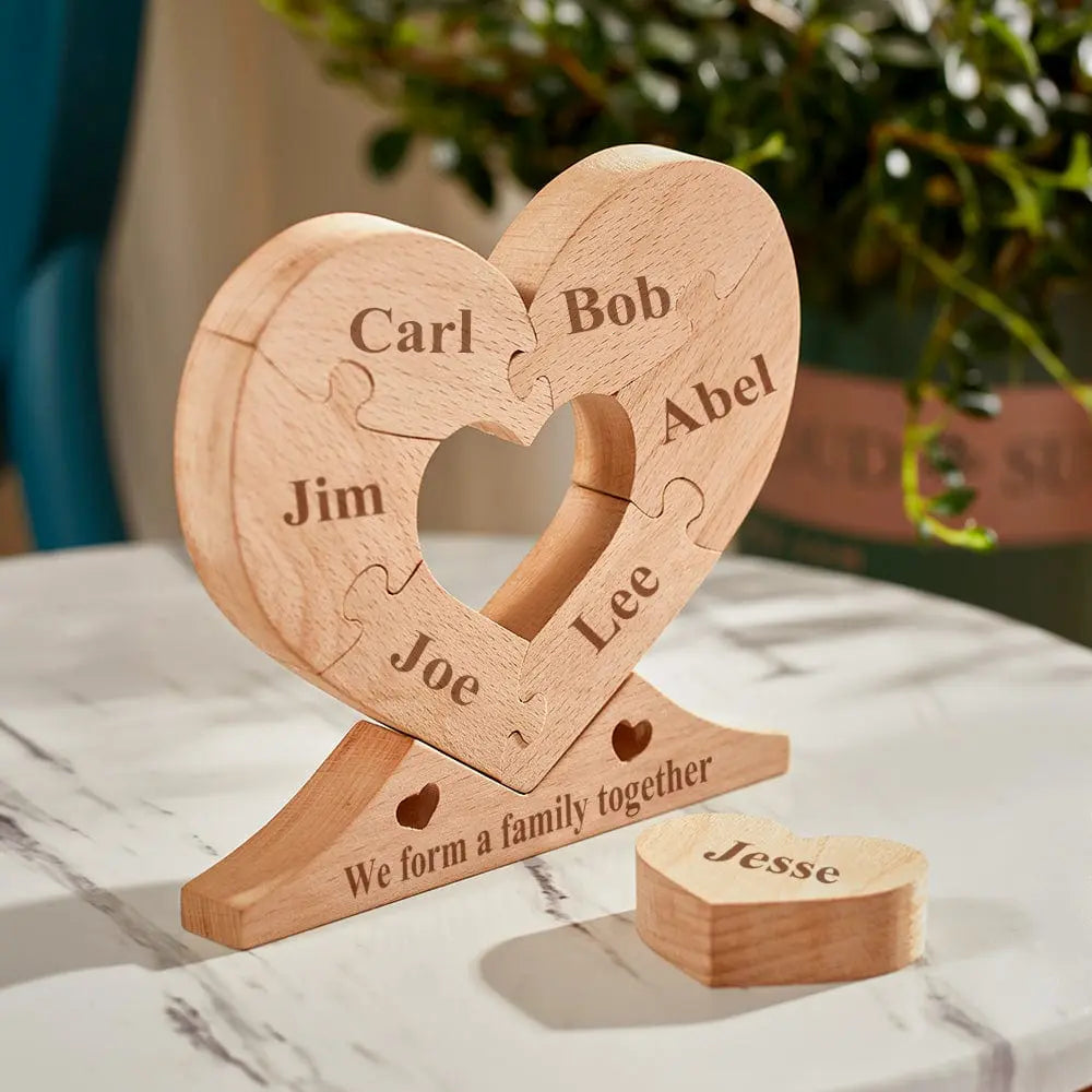 Unique home decor with custom names, Trending personalised wooden puzzles, Popular custom engraved heart decorations, Custom engraved wooden heart puzzle with family names, Personalised family name heart puzzle for home decor, Unique personalised gift heart puzzle for special occasions, High-quality custom wooden puzzle with names, Customisable heart-shaped family puzzle decoration