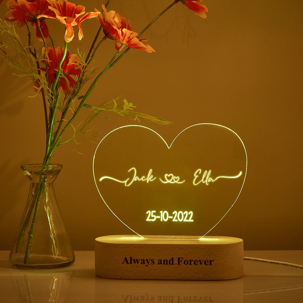 Trending personalised night lights, Popular custom acrylic plaque lamps, Personalised heart-shaped acrylic plaque with custom text, Custom name and date night light for special occasions, High-quality personalised night light for home decor, Customisable heart plaque night light for kids and adults, Unique personalised night light gift for friends and family