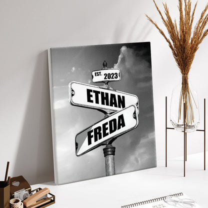 Personalised Name Canvas With Year Date Vintage Crossroad Street Sign Canvas Anniversary Gift For Couples - Gifted Your Way