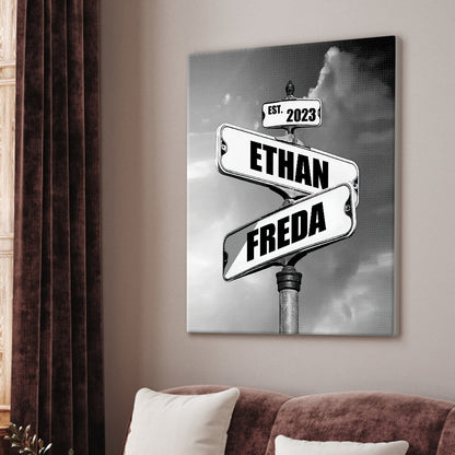 Personalised Name Canvas With Year Date Vintage Crossroad Street Sign Canvas Anniversary Gift For Couples - Gifted Your Way