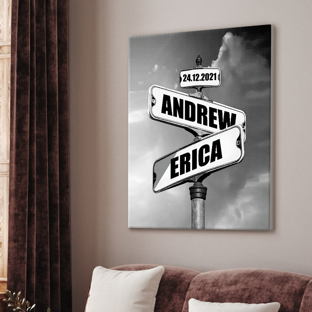 Personalised Name Canvas With Year Date Vintage Crossroad Street Sign Canvas Anniversary Gift For Couples - Gifted Your Way