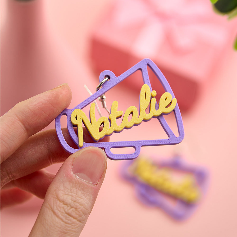 Personalised 3D Printed Earrings, Custom Megaphone Earrings, Personalised Cheerleading Jewellery, Custom Name Earrings, Cheer Enthusiast Gift, Custom Jewellery for Cheerleaders, 3D Printed Earrings, Custom Cheerleader Earrings, Personalised Name Jewellery, High-Quality 3D Printed Earrings