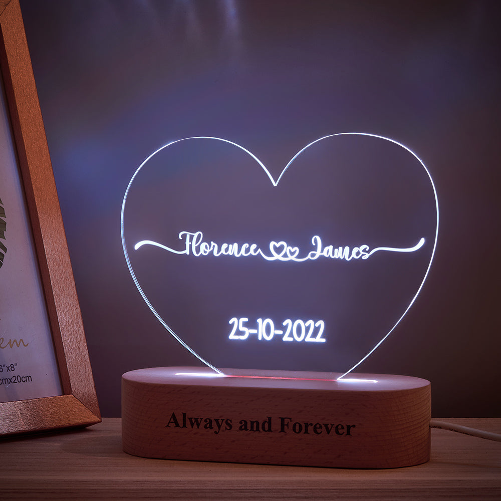 Trending personalised night lights, Popular custom acrylic plaque lamps, Personalised heart-shaped acrylic plaque with custom text, Custom name and date night light for special occasions, High-quality personalised night light for home decor, Customisable heart plaque night light for kids and adults, Unique personalised night light gift for friends and family