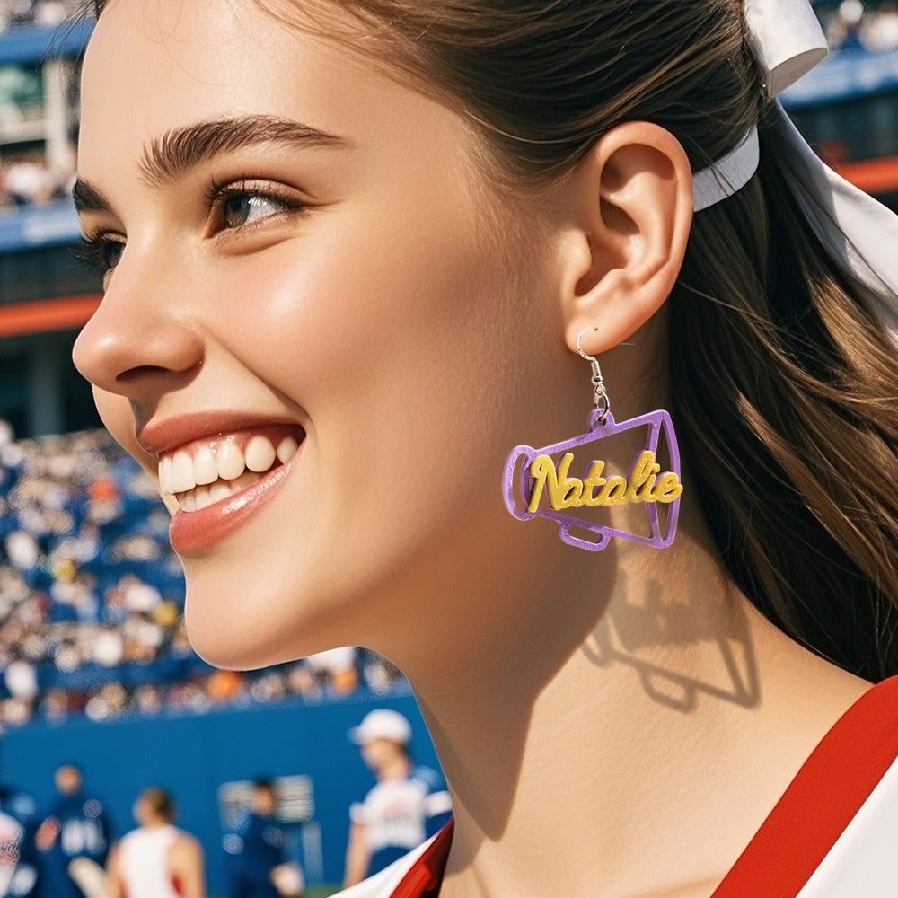 Personalised 3D Printed Earrings, Custom Megaphone Earrings, Personalised Cheerleading Jewellery, Custom Name Earrings, Cheer Enthusiast Gift, Custom Jewellery for Cheerleaders, 3D Printed Earrings, Custom Cheerleader Earrings, Personalised Name Jewellery, High-Quality 3D Printed Earrings